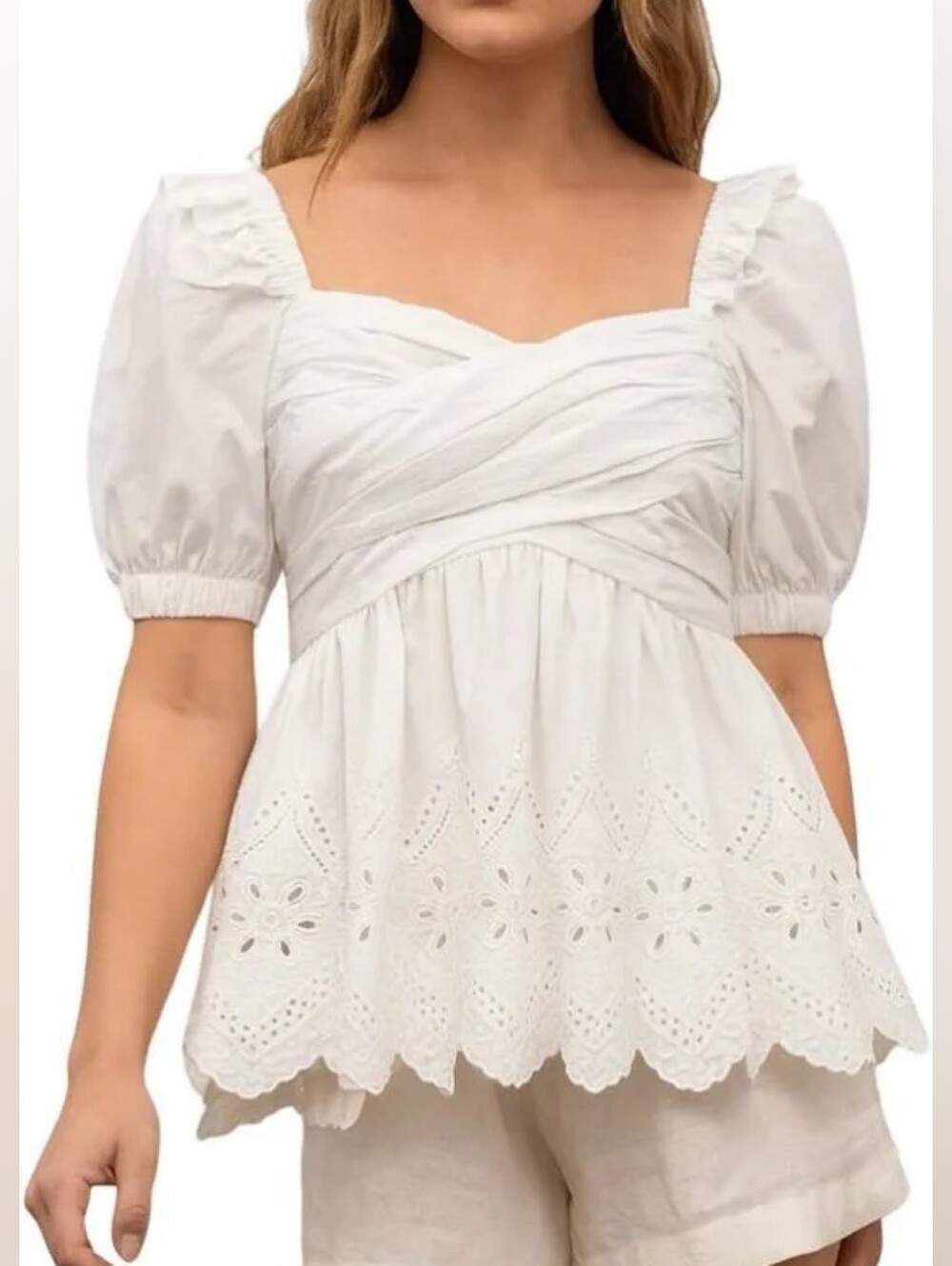Moon River Anthropologie White Eyelet Lace Puff-Sleeve Blouse Size L Boho Chic